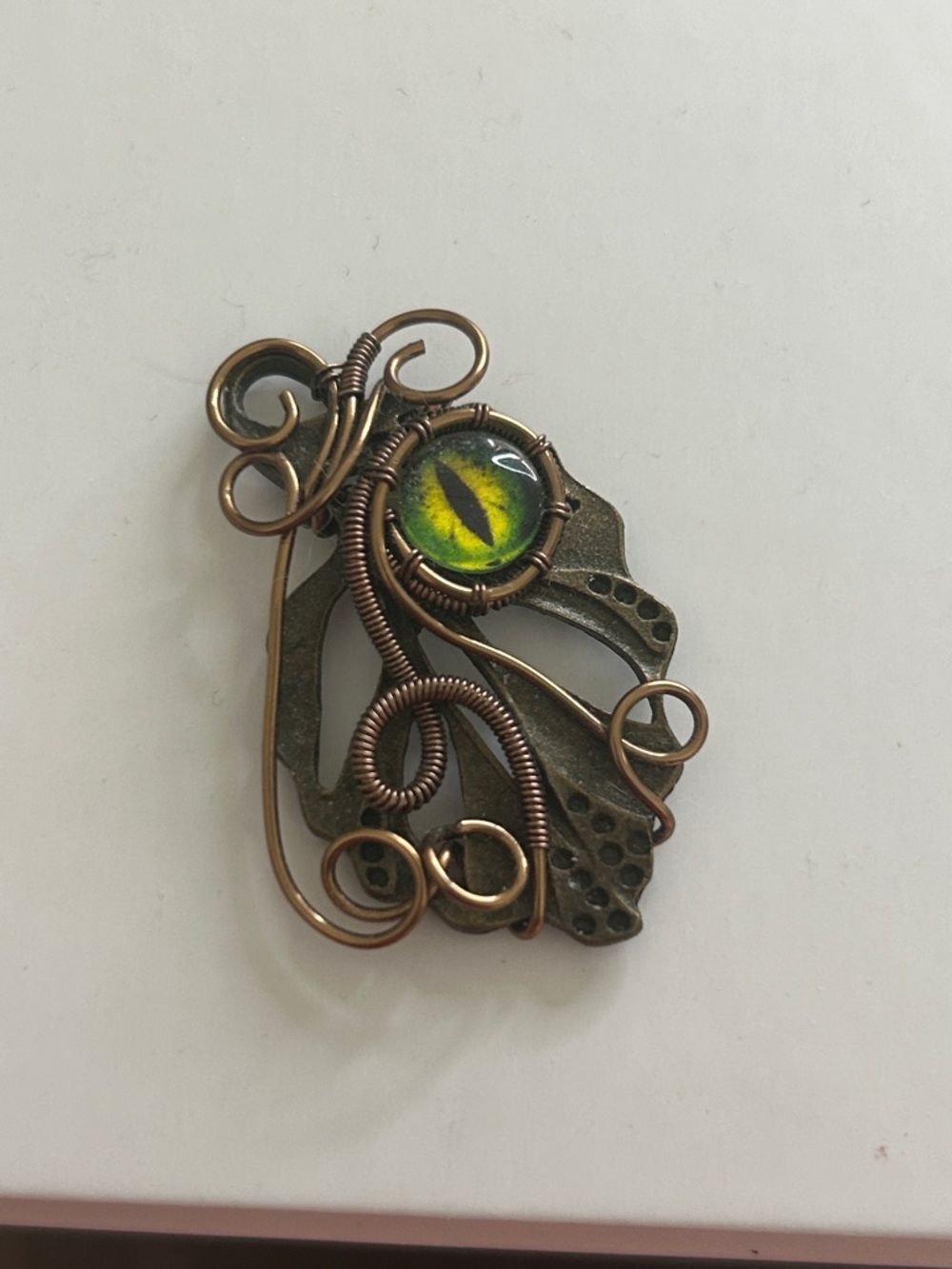 Green Dragon Eye Wire Wrapped Pendant